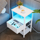 VIMBER Nightstand Set of 2, Adjustable LED Side Table with Charging Station and Fabric Drawer,Beside Tables with Open Compartment for Living Room, Easy Assemble, 3 Tier End Table for Bedroom, White VIMBER