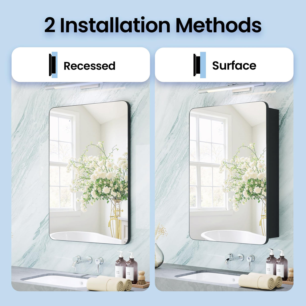 Black Medicine Cabinet with Mirror for Bathroom: 16 x 20 Inch Small Mirrored Vanity Storage with Adjustable Shelves - Surface or Recessed Wall Mount - Matte Black Frame MemoCastle