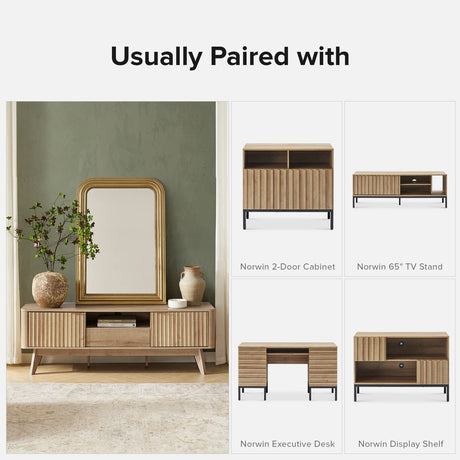 mopio Brooklyn Mid-Century Modern TV Stand, for TVs up to 50” Waveform Panel, Sleek Curved Profile with Adjustable Shelf and Sturdy Box Frame Leg (Golden Oak, 57") mopio