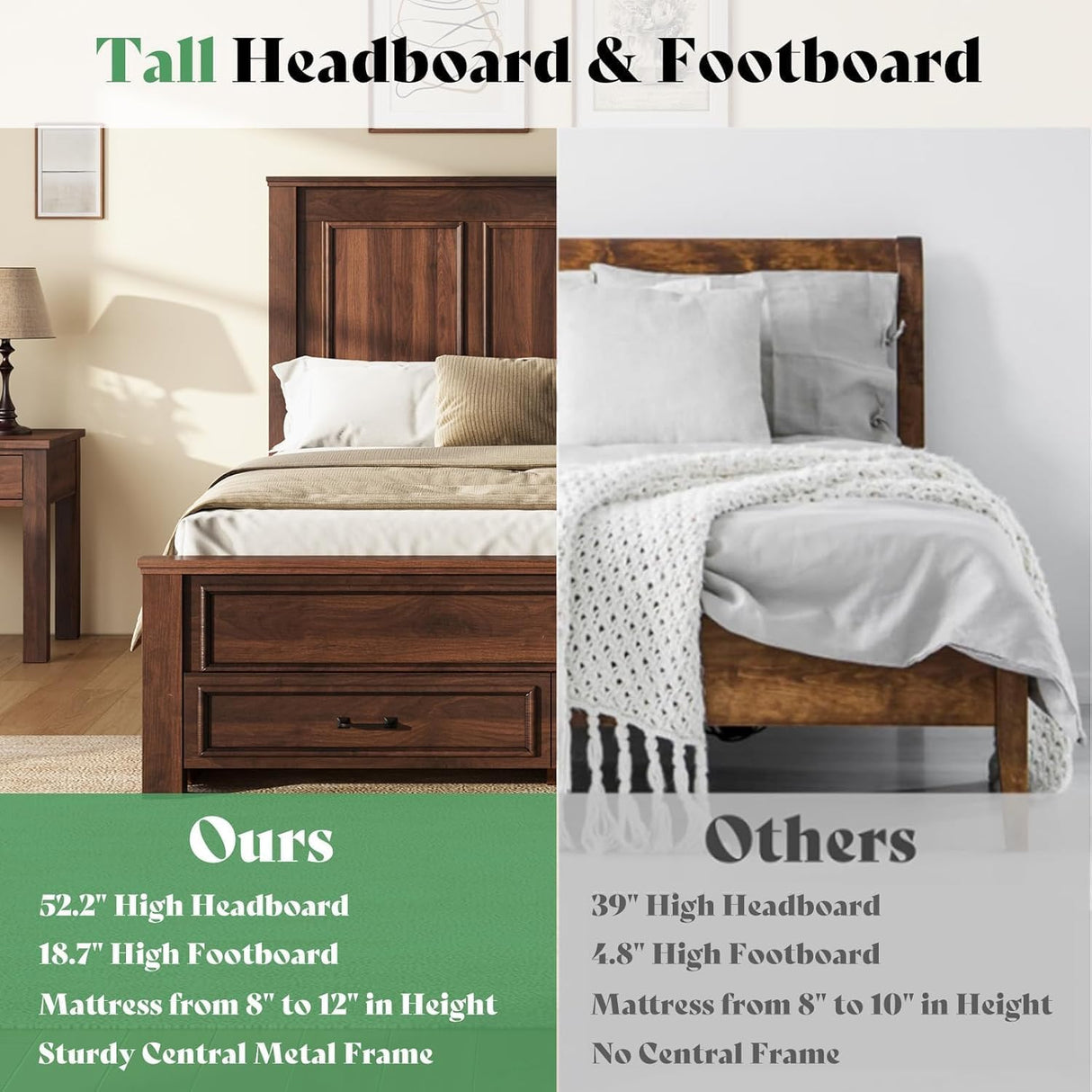 AMERLIFE Farmhouse Full Size Bed Frame with 52.2" Tall Headboard & Footboard, Wood Platform Bed Frame with 2 Large Storage Drawers, Noiseless, No Box Spring Needed, Rustic Brown AMERLIFE