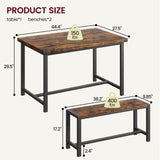 IDEALHOUSE Dining Table Set for 4, Kitchen Table with Benches, Rectangular Dining Room Table Set with 2 Metal Wood Benches, 3 Piece Dining Table Set for Small Space, Apartment, Dinette, Retro Brown IDEALHOUSE