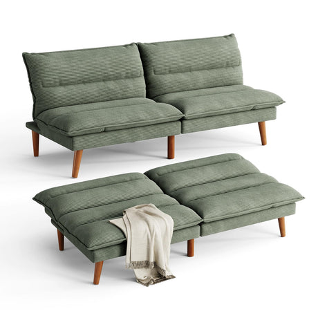 LINSY Futon Sofa Bed: Corduroy Futon Couch with Adjustable Backrest, Comfy Loveseat Convertible Folding Sleeper Sofa Couches for Small Spaces Living Rooms Apartment Office, Green LINSY