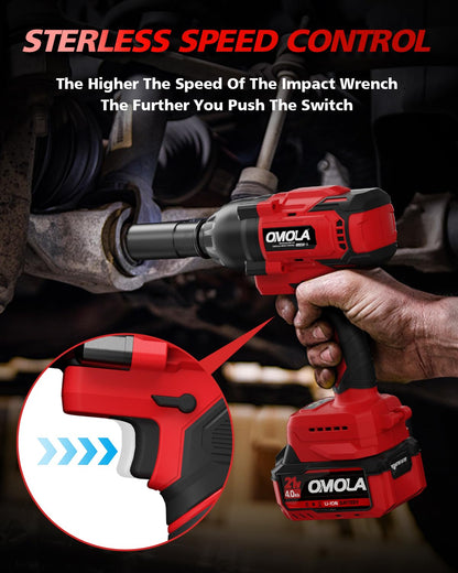 OMOLA Cordless Impact Wrench,1/2 impact gun，700 Ft-lb（950NM） High Torque 3200 RPM,with a 15C 21V 4.0Ah Li-Ion Battery, Fast Charger,Brushless motor，4 Sockets,Electric Impact Wrench for Car Tr - WoodArtSupply