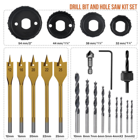 Hi-Spec 21pc Wood Hole Saws, Brad Points & Spade Drill Bit Set for Drill Drivers in a Compact Tool Kit Case Hi-Spec