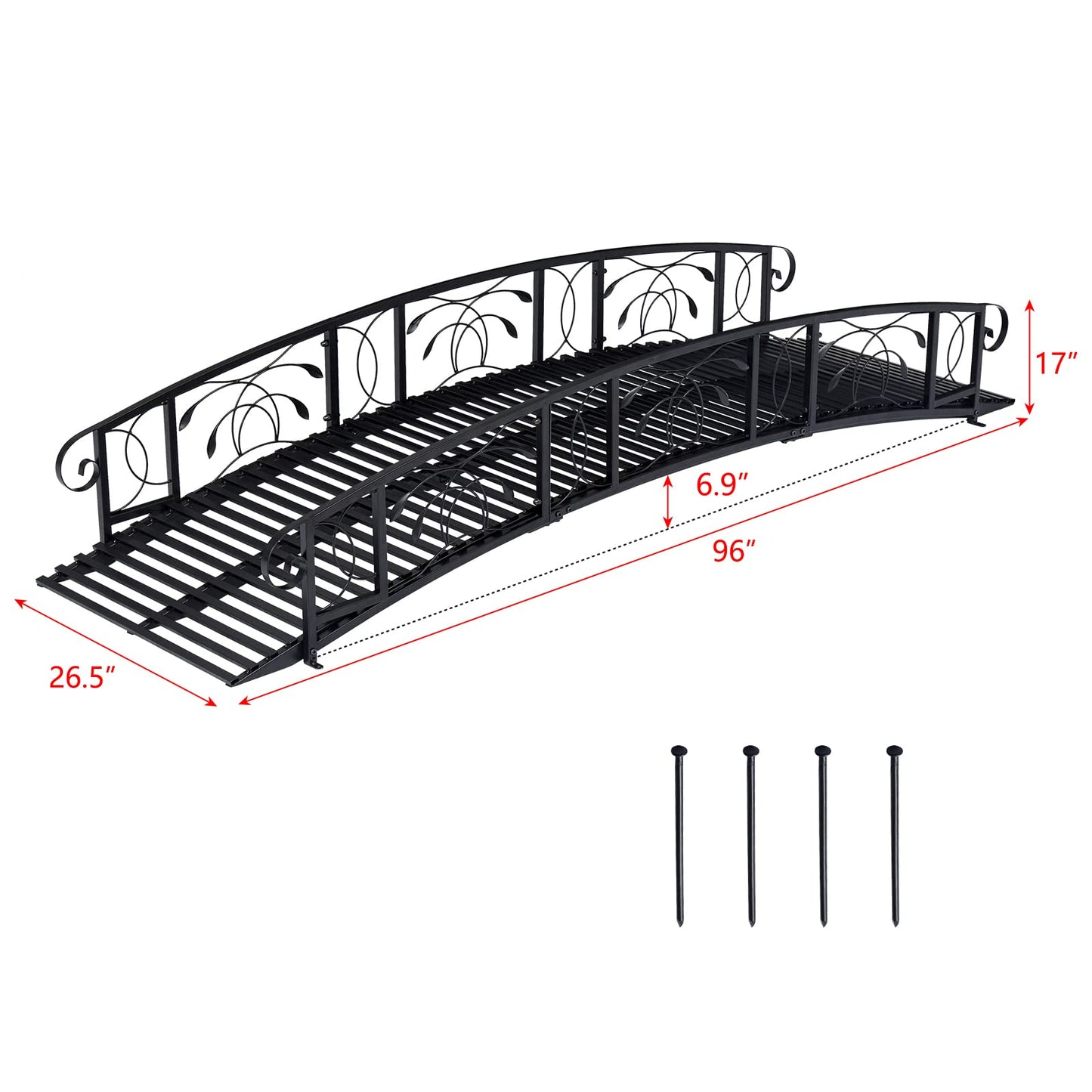 Kinsunny 8 Ft Metal Garden Bridge with 2 Safety Patterned Siderails Outdoor Decorative Iron Garden Arch Footbridge for Pond, Creek, Stream - WoodArtSupply