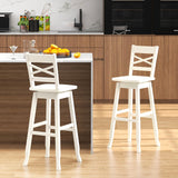 COSTWAY 30-Inch Bar Height Stool Set of 2, Rubber Wood Swivel Bar Stool with Inclined Backrest, Curved Seat & Footrest, Bar Chair for Kitchen Island & Pub (2, White) COSTWAY