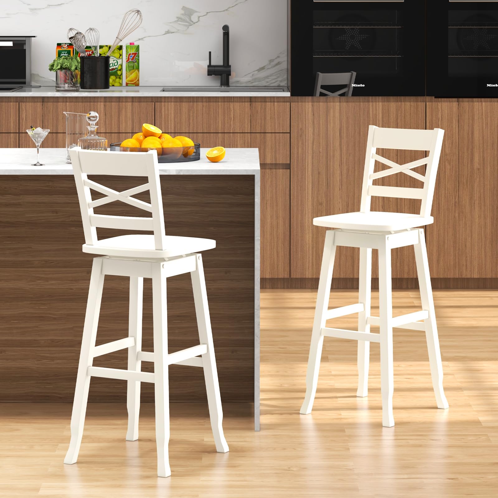 COSTWAY 30-Inch Bar Height Stool Set of 2, Rubber Wood Swivel Bar Stool with Inclined Backrest, Curved Seat & Footrest, Bar Chair for Kitchen Island & Pub (2, White) - WoodArtSupply