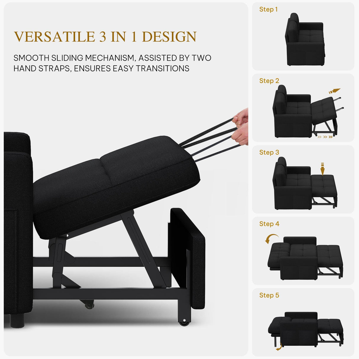 YITAHOME 55" Convertible Sofa Bed, 3-in-1 Sleeper Sofa with Iron Frame Pull-Out Bed, Linen Futon Couch with Reclining Backrest and Side Pocket, Modern Loveseat for Living Room Bedroom Apartment, Black YITAHOME