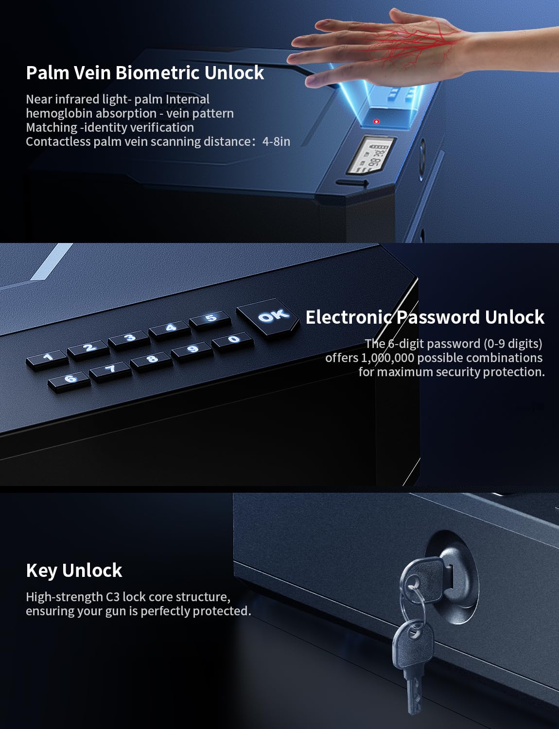 XEGIS SAFE World's 1st Palm Vein Biometric Gun Safe [0.09s Smart Unlock] [10X Military Anti-Pry/Drop] Handgun Pistol Safe with Keypad+Key Lock for Home Nightstand Bedside & Car - Space Grey XEGIS SAFE