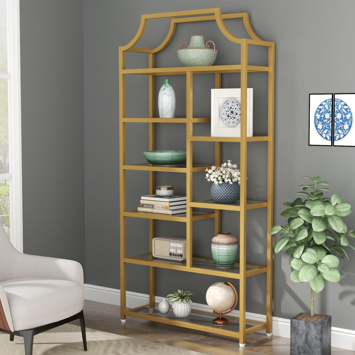Loomie 8-Open Shelf Bookshelf, 70.87" H x 31.5" L Lux Etagere, Tempered Glass Bookcase, Tall Storage Display Modern Open Book Case for Bedroom, Home Office & Living Room, Gold Finish & Glass Shelving Loomie
