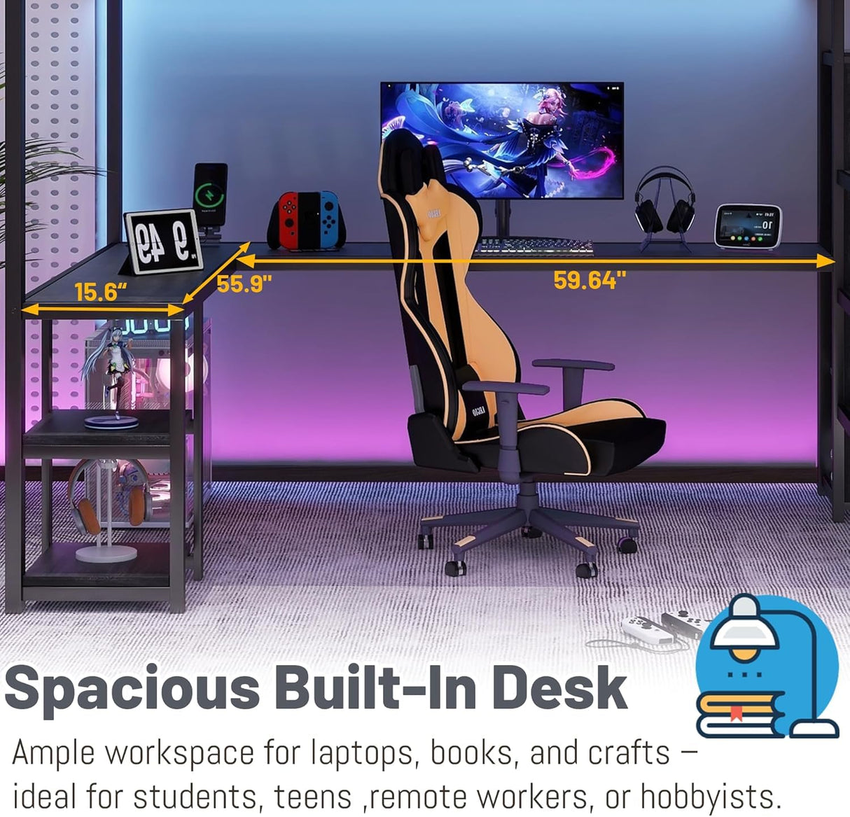 Duxelifin Queen Size Loft Bedwith Desk, Heavy-Duty Metal Loft Beds with Stairs & LED Lights, High Lofted Bed with Charging Station and Wardrobe, Gaming Loft Tall Bed for Boys Girls and Teens (Black) Duxelifin