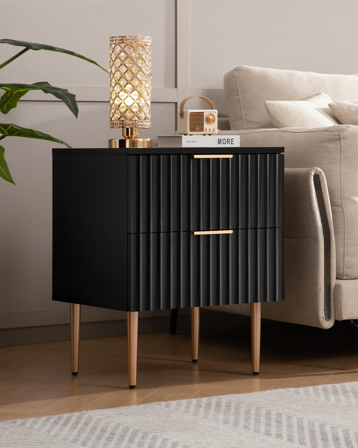 SICOTAS Black Night Stand Set 2, Wide Fluted Nightstand with 2 Drawers, Modern Glossy Storage Bedside Table for Bedroom, End Side Table with Golden Metal Legs and Handles SICOTAS