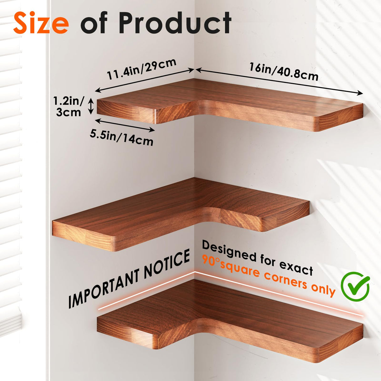 Fixwal Corner Floating Shelves for Wall Mounted Natural Solid Wood 16"x11.4" Farmhouse Home Decor Display Shelving Set of 3 (Rustic Brown) Fixwal