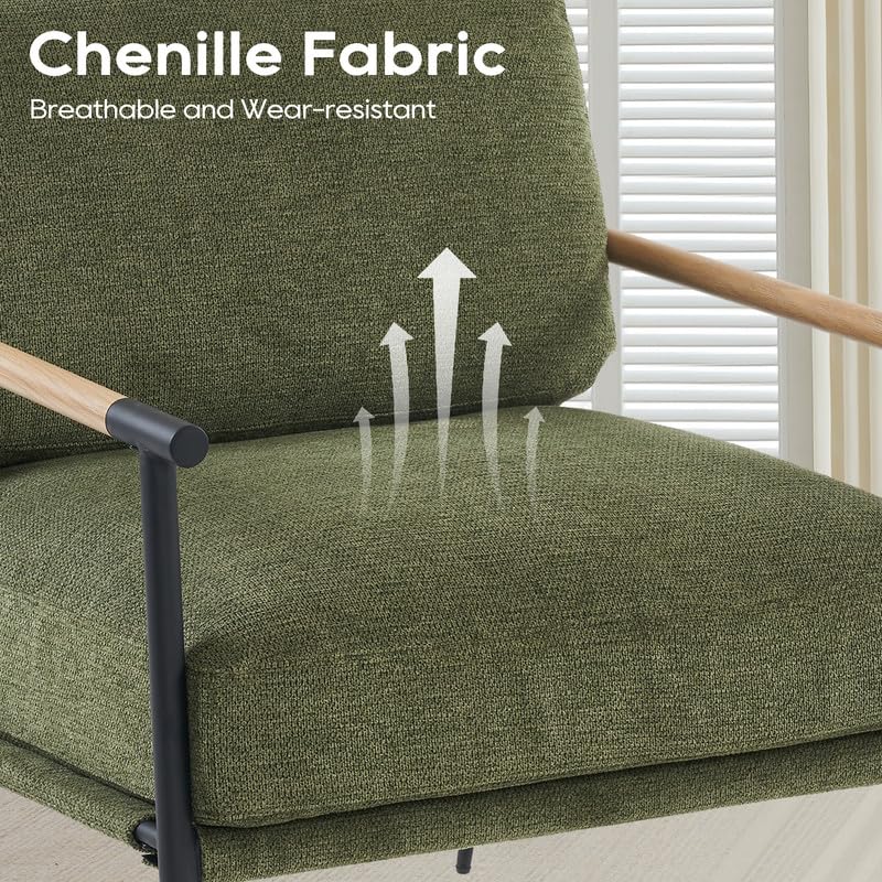 Accent Chair Mid Century Modern Armchair for Living Room,Bedroom,Office,Lounge Comfy Chenille Upholstered Soft Removable Washable Cushions and Pillows,Metal Wood-Grain Armrest Legs,Green Comfort Stretch