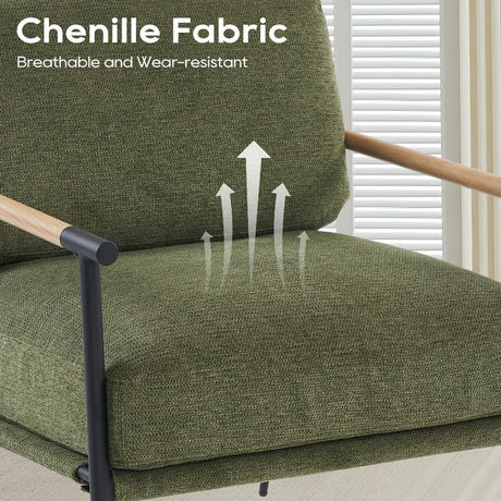 Accent Chair Mid Century Modern Armchair for Living Room,Bedroom,Office,Lounge Comfy Chenille Upholstered Soft Removable Washable Cushions and Pillows,Metal Wood-Grain Armrest Legs,Green Comfort Stretch