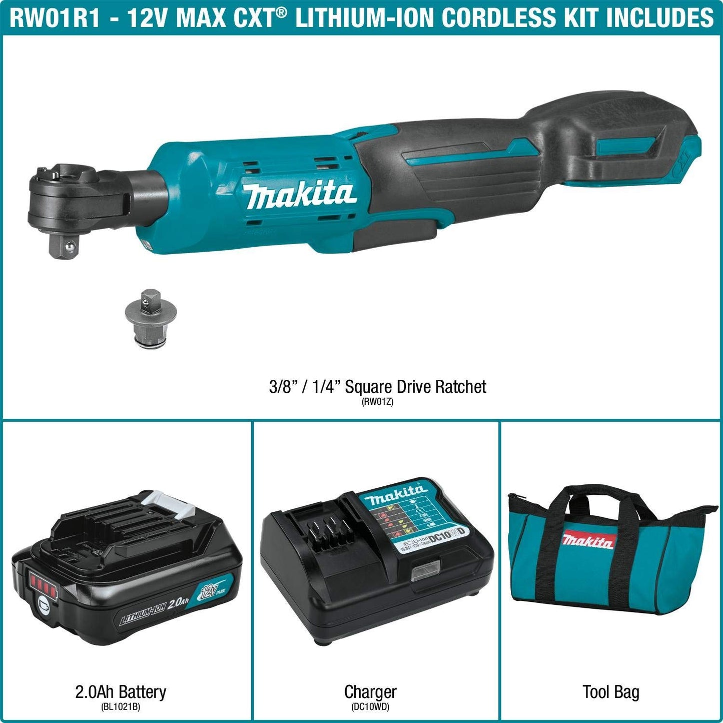 Makita RW01R1 12V max CXT® Lithium-Ion Cordless 3/8" / 1/4" Sq. Drive Ratchet Kit (2.0Ah) - WoodArtSupply