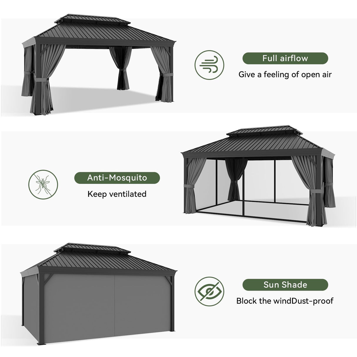Aoxun 12' X 16' Permanent Hardtop Gazebo Aluminum Gazebo with Galvanized Steel Double Roof for Patio Lawn and Garden, Curtains and Netting Included, Grey Aoxun