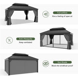 Aoxun 12' X 16' Permanent Hardtop Gazebo Aluminum Gazebo with Galvanized Steel Double Roof for Patio Lawn and Garden, Curtains and Netting Included, Grey Aoxun