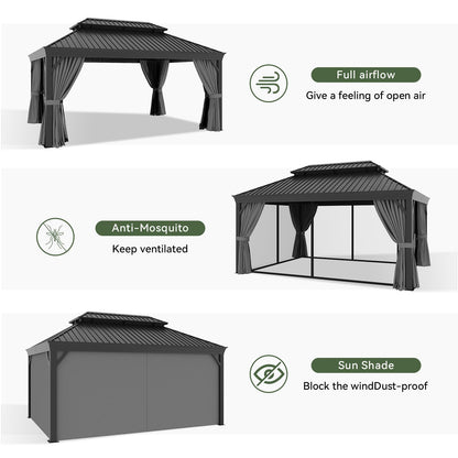 Aoxun 12' X 16' Permanent Hardtop Gazebo Aluminum Gazebo with Galvanized Steel Double Roof for Patio Lawn and Garden, Curtains and Netting Included, Grey