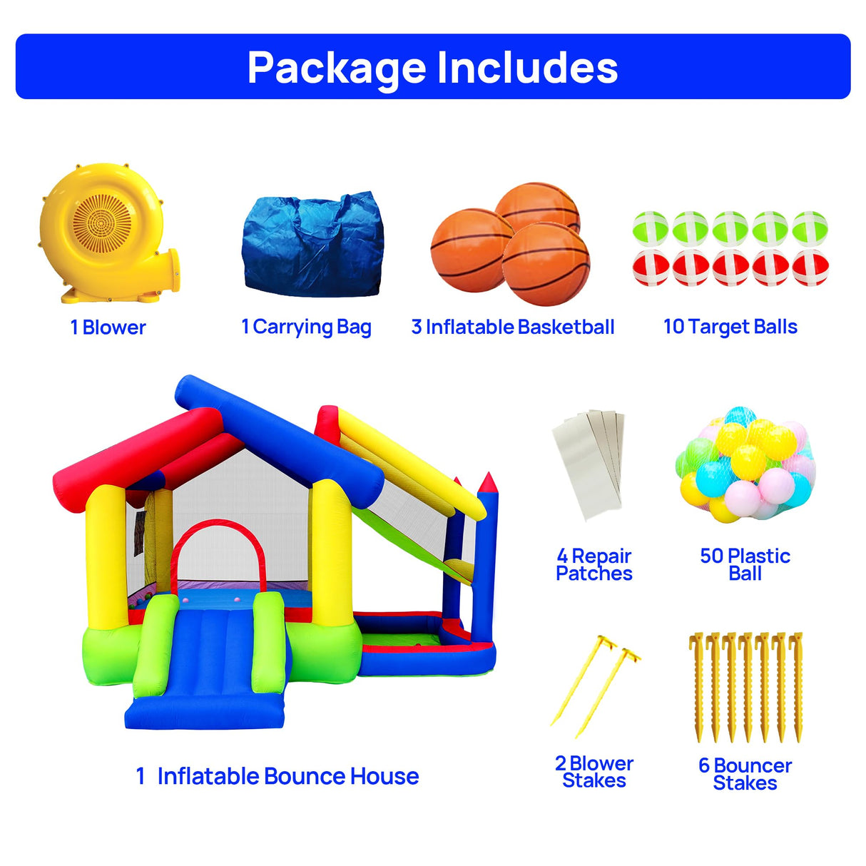 WELLFUNTIME Inflatable Bounce House with Slide, Jumping Castle with Blower and Ball Pool, Basketball Game, Dart Target Game WELLFUNTIME