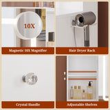 UPOSOJA Vanity Desk with Mirror and Lights,Power Outlet,3 Drawers,Pull-Out LED Mirror with 3 Light Modes,Brightness Adjustable,Rolling Makeup cart,Crystal Handles, hairdryer Rack,White UPOSOJA