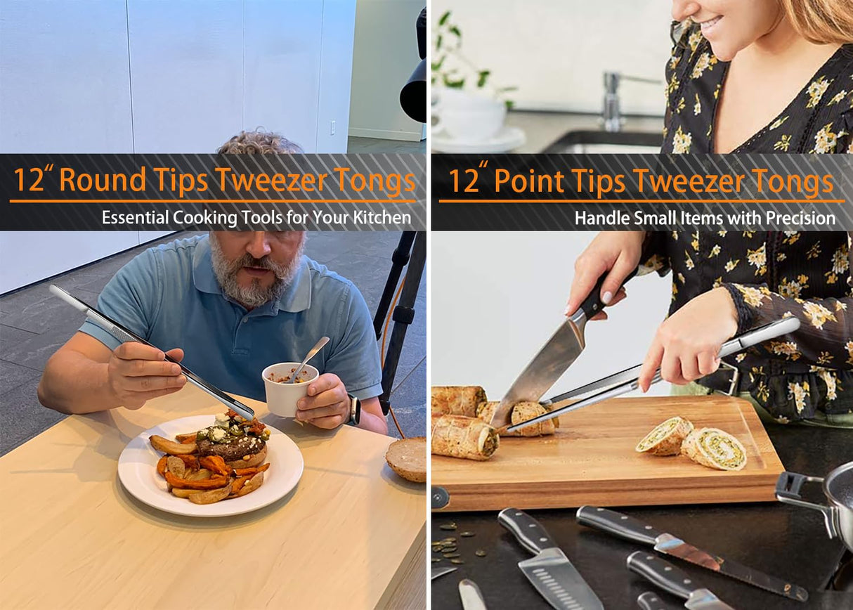 JETKONG 6 Pcs Cooking Tweezer Tongs, 12'' and 6.3" Stainless Steel Kitchen Tweezer Set, Professional Chef Tweezers for Cooking, Repairing, Sea Food, BBQ, Multi-use JETKONG