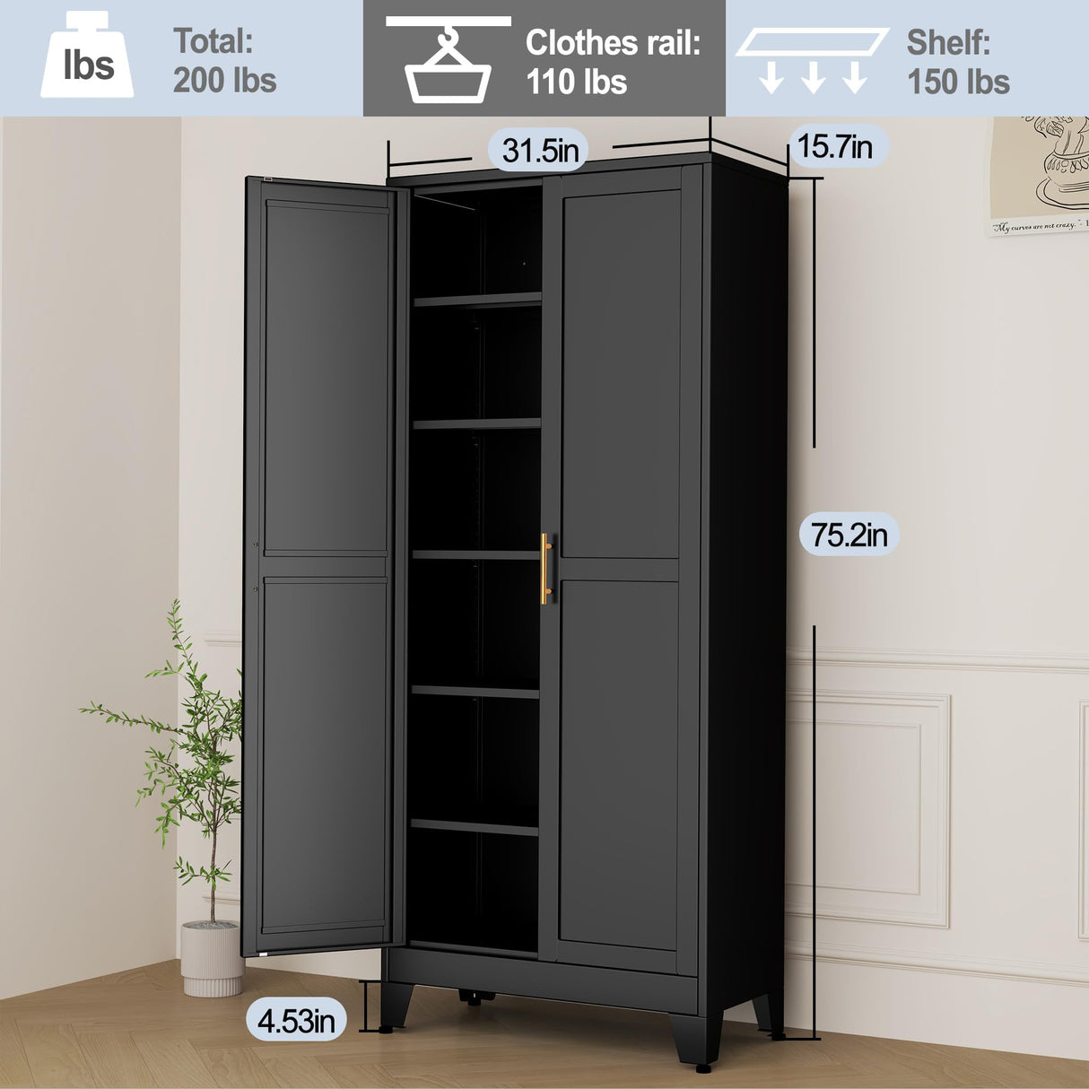 RISTERN Black Metal Storage Cabinet,75" Steel Cabinets for Home Office, Kitchen Pantry Storage Cabinet with Doors and 5 Adjustable Shelves, Tool Cabinets, for Office, Home, Garage, School RISTERN