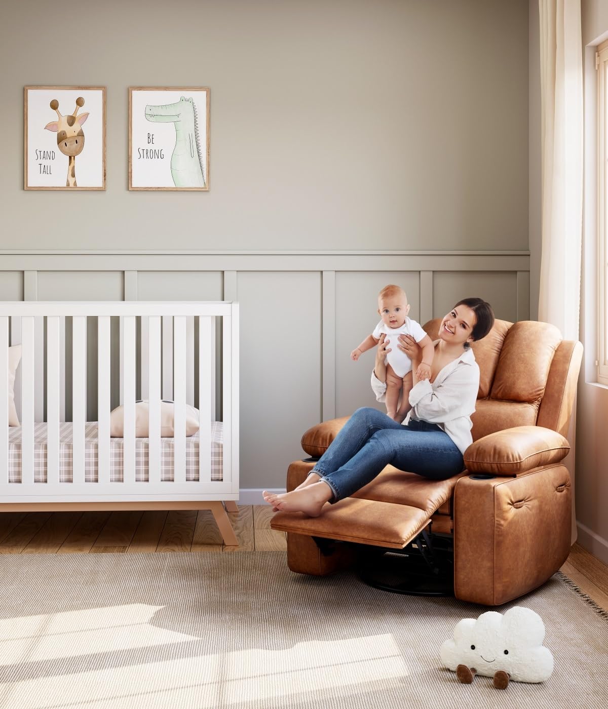 Oversized 27" Power Recliner Chair with Heat and Massage - 360° Swivel Faux Leather Rocking Chair for Adults with Cup Holder for Living Rooms, Bedrooms, and Nurseries - Brown GarveeHome