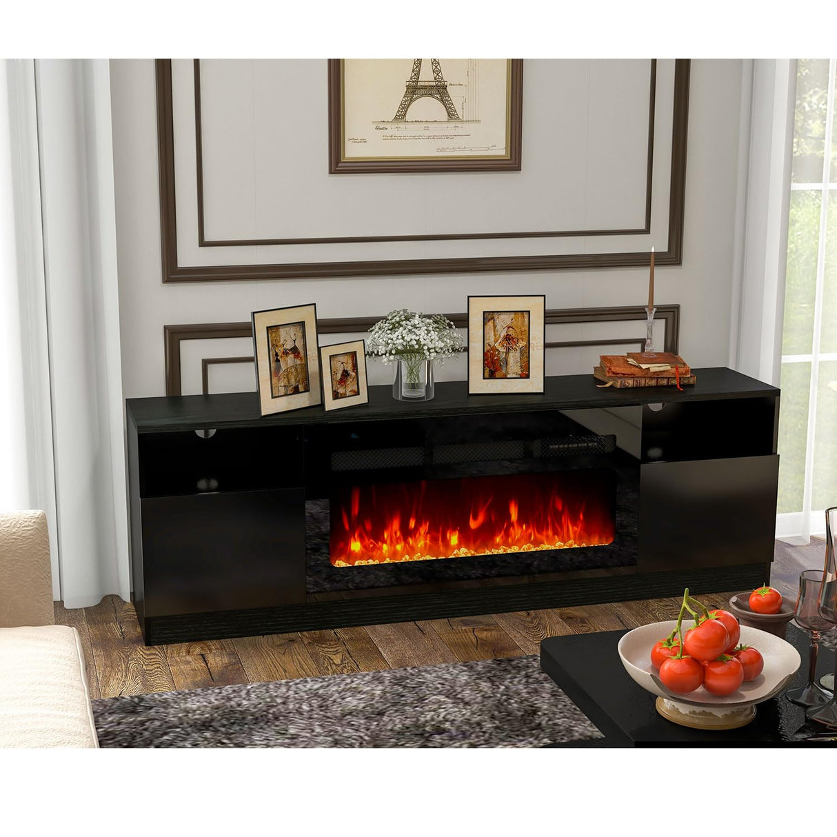 oneinmil 4-Piece Table Set Includes A Modern Coffee Table, A 70 Inch TV Stand with 36 Inch Electric Fireplace and 2 LED Light Nightstands, Elegant Black Tables for Living Room, Bedroom, Black oneinmil