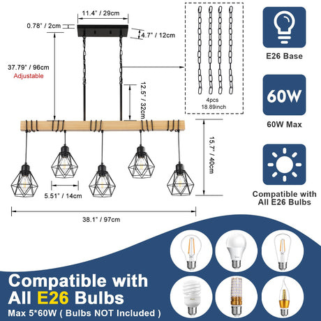 5-Light Kitchen Island Lighting,Modern Chandelier Over Table, Dining Room Light Fixture Hanging for Modern Farmhouse Linear Chandeliers Black Rustic Wood Ceiling Pendant Light Fixtures LmnLvn