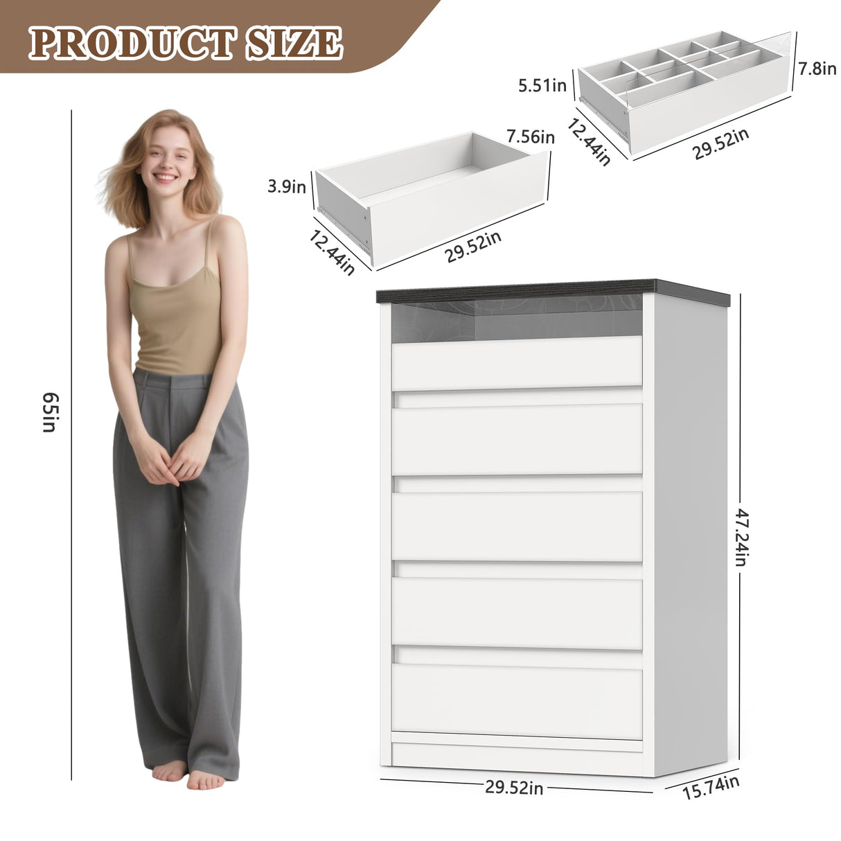 Jocoevol Larger White 5 Drawer Dresser for Bedroom with LED Light, Modern Chest of Drawers with Hidden Handles, Tall Wooden Dresser Closet for Living Room, Entryway, Hallway - White Jocoevol