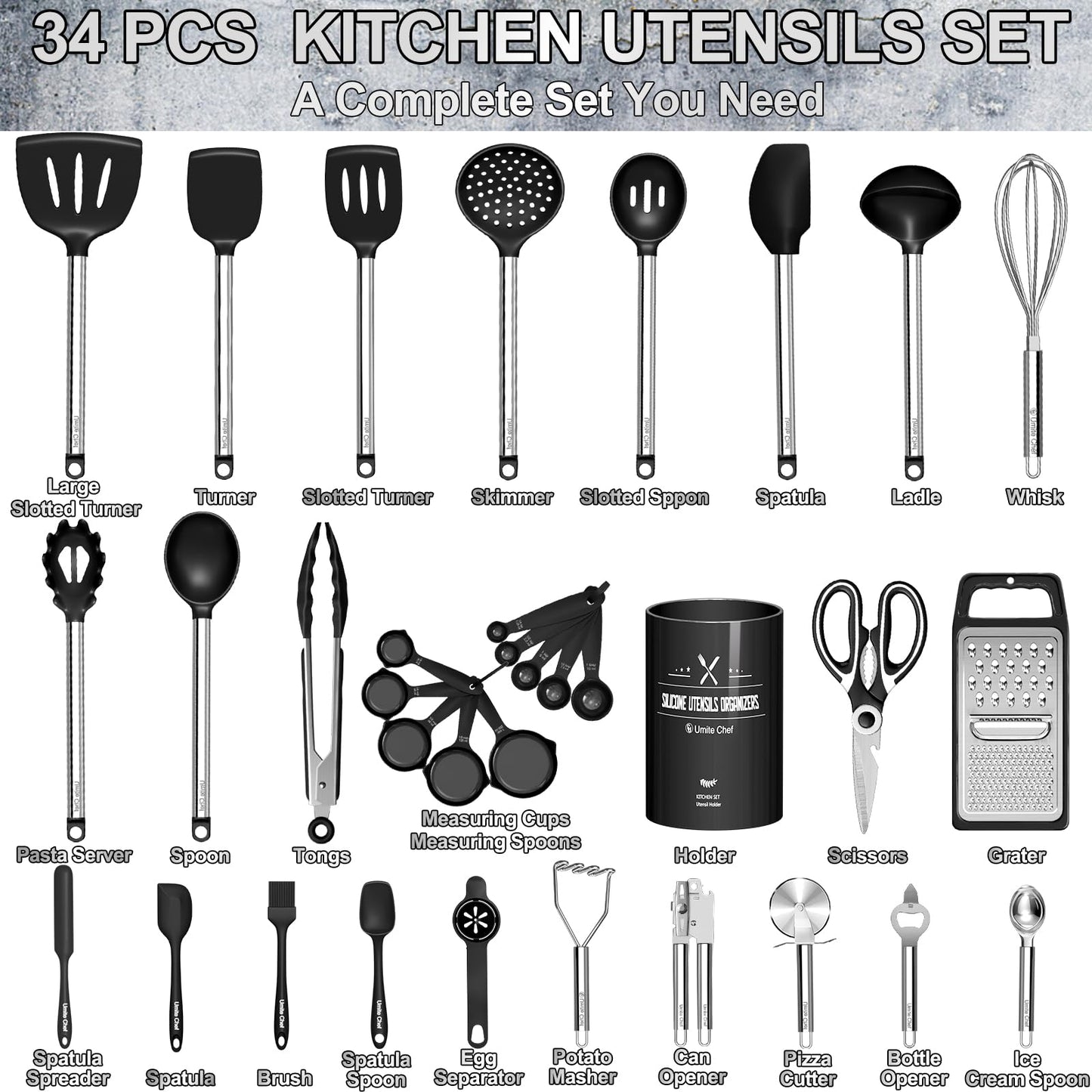 Kitchen Utensils Set-Umite Chef 34 Pcs Silicone Cooking Utensils Set for Nonstick Cookware-Silicone Spatulas Set, Stainless Steel Handle-Black Kitchen Gadgets Tools, Pots and Pans Accessories