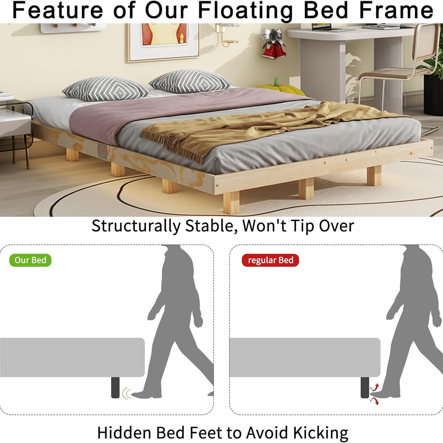 10.5"Classic Low Profile Floating Solid Wood Platform Bed，Floor Bed Frame With Led Ambient Lighting,Japanese Style Design Without Headboard Easy Assembly No Box Springs Required (Natural, Queen)