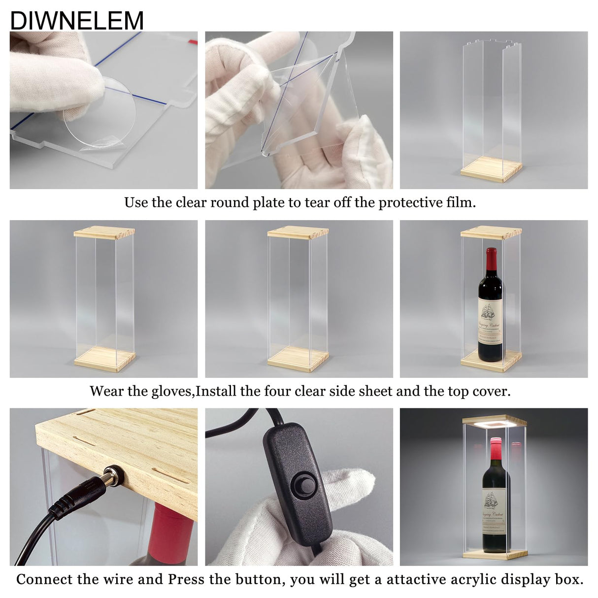 DIWNELEM Wood Acrylic Wine Bottle Display Case with LED Light Acrylic Wine Glass Holder Wine Display Case Dustproof for Red Wine,Champagne,Liquor,Whiskey,Beer,Beverage Bottle (5.1*5.1*14.2") DIWNELEM