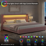 HOMBCK King Size Bed Frame with Headboard and LED Lights, Boucle Upholstered Platform Bed with Wingback Design, Modern Soft Bed Frame, No Box Spring Needed, Easy Assembly, Pink HOMBCK