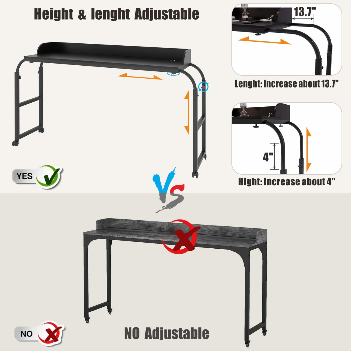 HWB Over Bed Desk with Auto-Sensor LED Lights,Over Bed Table with Wheels Adjustable Height with Charging Station,Beside Table,Rolling Tray Table for Laptop and Writing for Living Room,Black HWB
