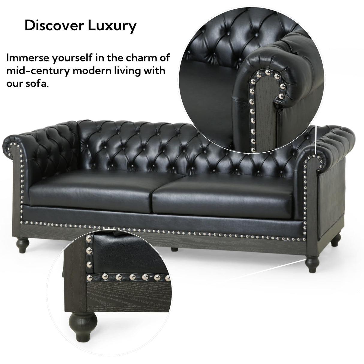 Merax PU Chesterfield Sofa, Retro Upholstered 3 Seater Leather Couch Rolled Arm for Living Room Bedroom Office, Black Merax