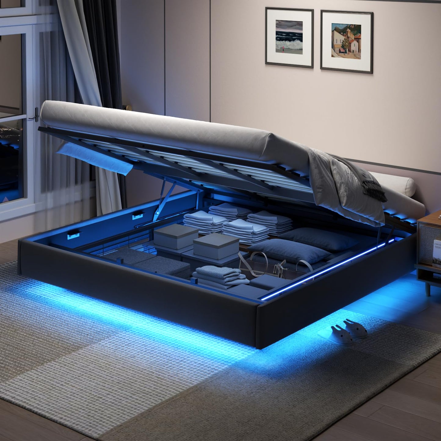 Auromie King Floating Lift Up Bed Frame with LED Lights and Hydraulic Storage - WoodArtSupply