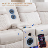 Power Recliner Sectional Sofa Wall Hugger with Bass Speakers,LED Strip,USB Ports,Storage Console,Cup Holders,Faux Leather Reclining Sectional Couch with 2 Recliners for Living Room,5 Seats,White Comfort Stretch