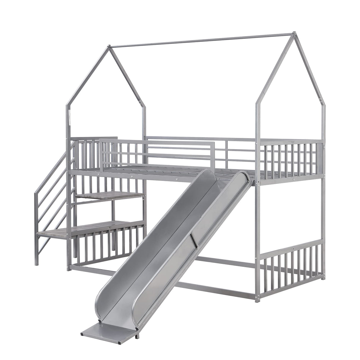Favfurish Twin Over Twin-Size Metal Bunk Bed House-Shape-Bed with Slide and Staircase,No Box Spring Needed, Easy to Install, for Kids, Girls, Boys,Silver Favfurish
