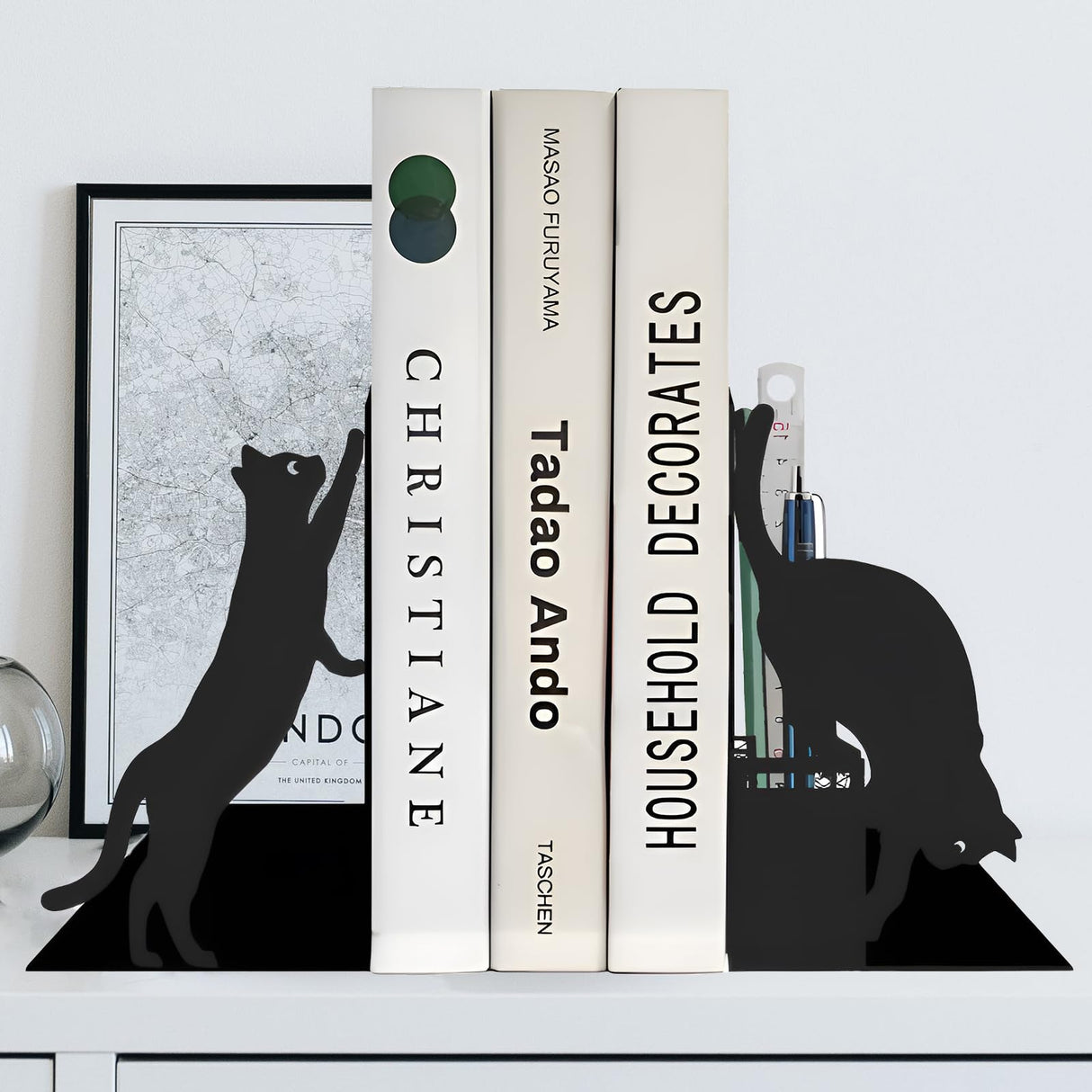 Gift for Dad, Cat Book Ends for Shelves, Decorative Book Ends with Pen Holder, Fun Unique Bookends, Cool Black Cat Bookends, Home Office Desk Bookshelf Decor, for Dad and Lover ENCIMART