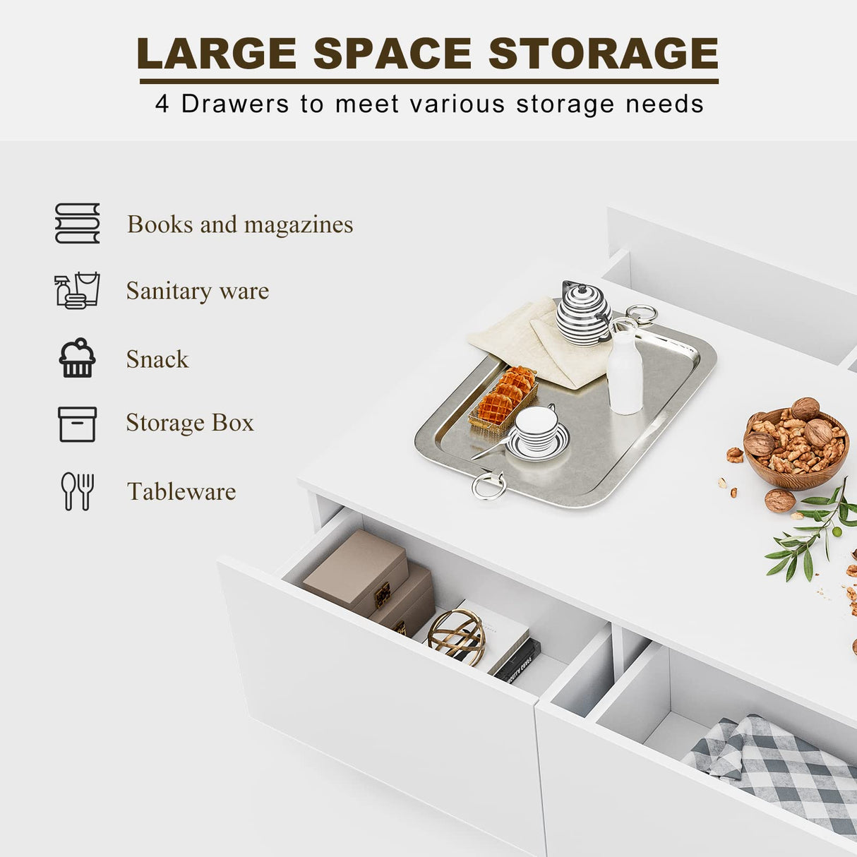 IKIFLY Modern White LED Coffee Table w/4 Drawers, High Glossy Center Table with 16 Colors LED Lights for Home Living Room IKIFLY