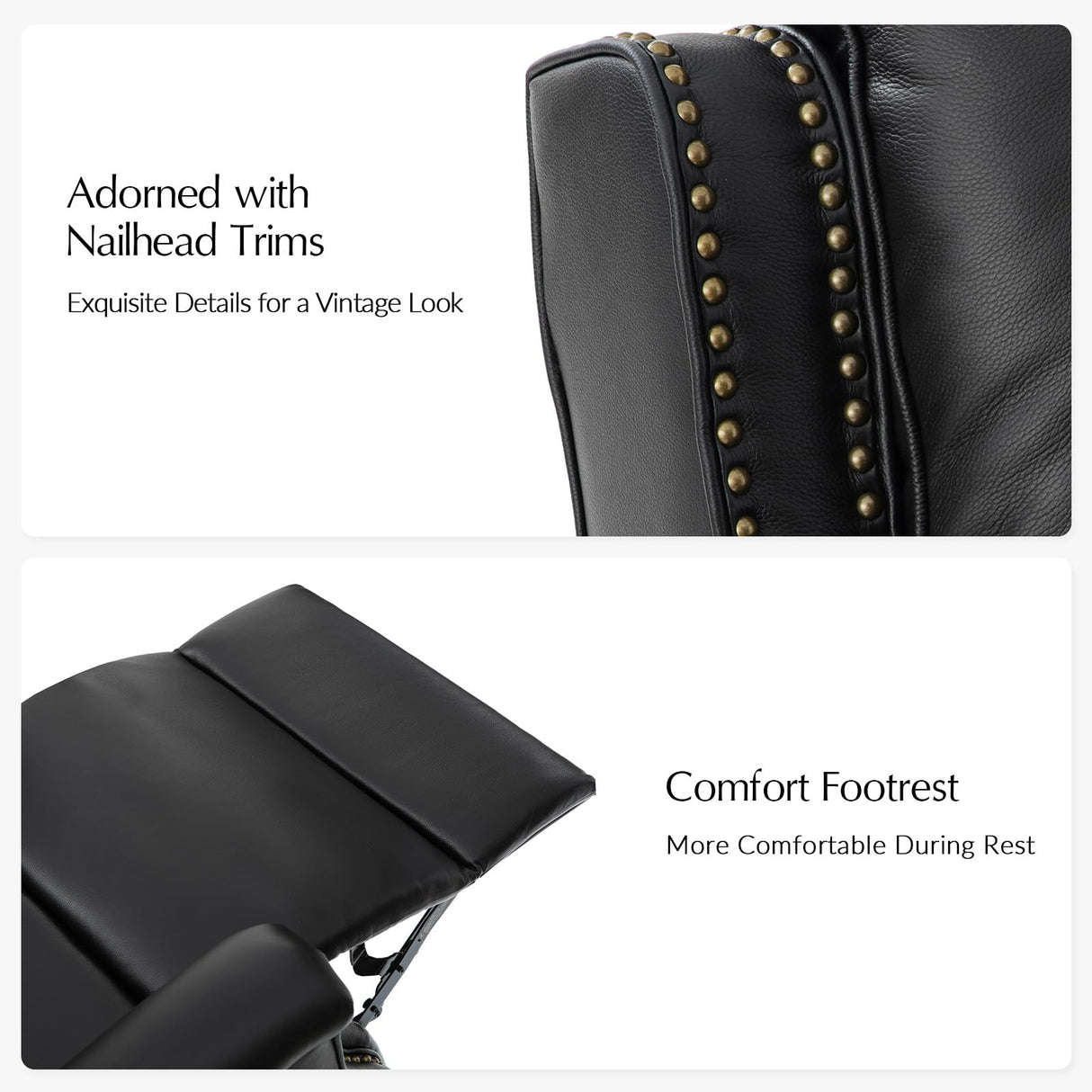 HULALA HOME Genuine Leather Recliner Chair, 360 Swivel Rocker Chair with Thick Seat, Classic Push Back Armchair with Backrest, Nailhead Trim, Black HULALA HOME