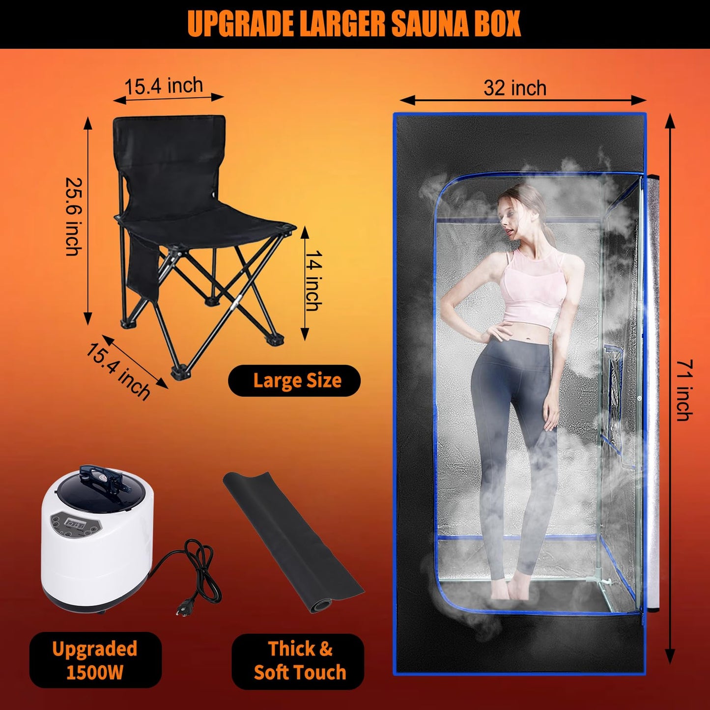 Portable Steam Sauna Box, Personal Home Spa Room, Sauna Sweat Tent for Boost Health and Recovery, with 3L & 1500W Steamer, Large Chair, 9 Level Remote Control, Non-Slip Mat