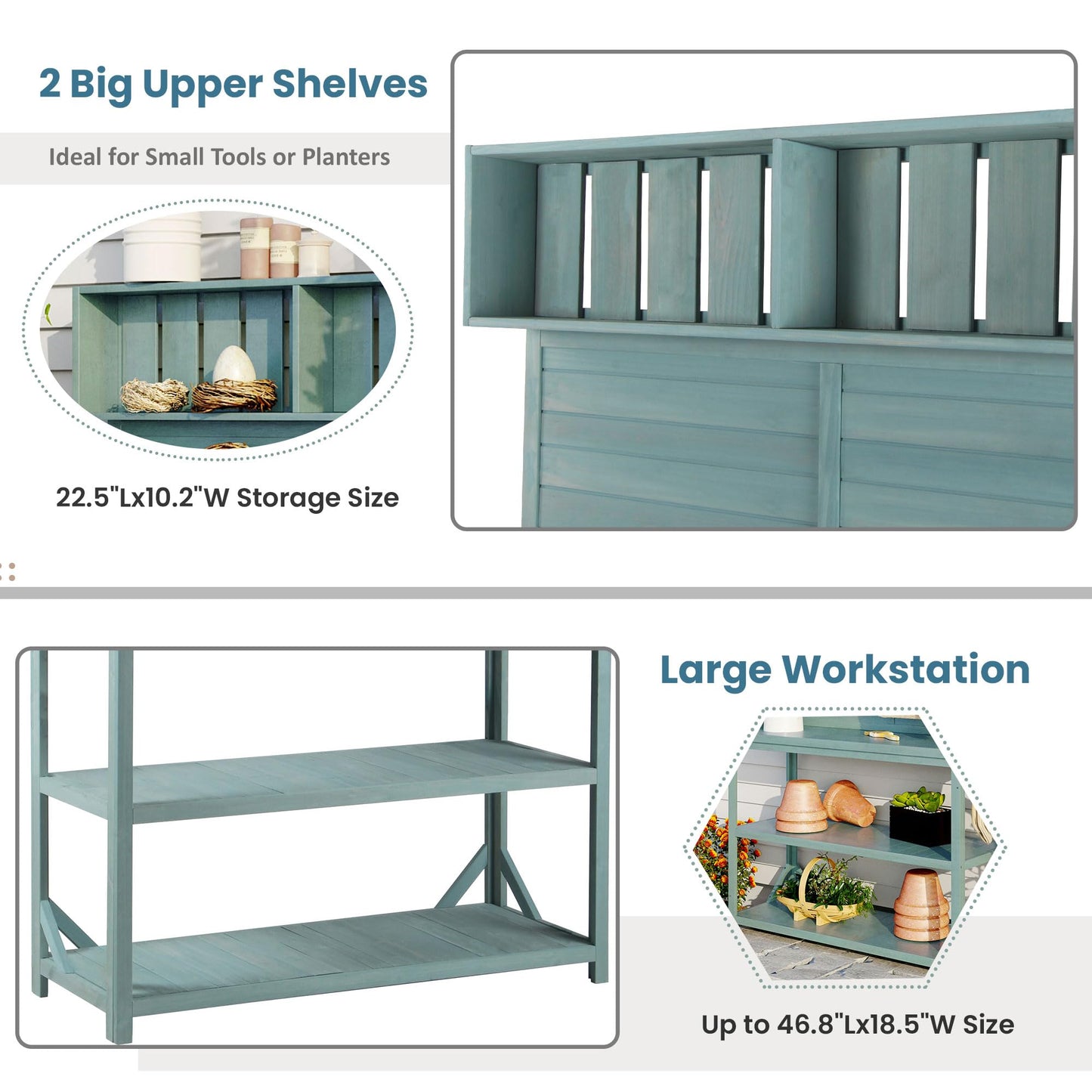 Large Wooden Farmhouse Rustic Outdoor Patio Workstation Potting Bench Table with 4 Storage Shelves and Side Hook - Green