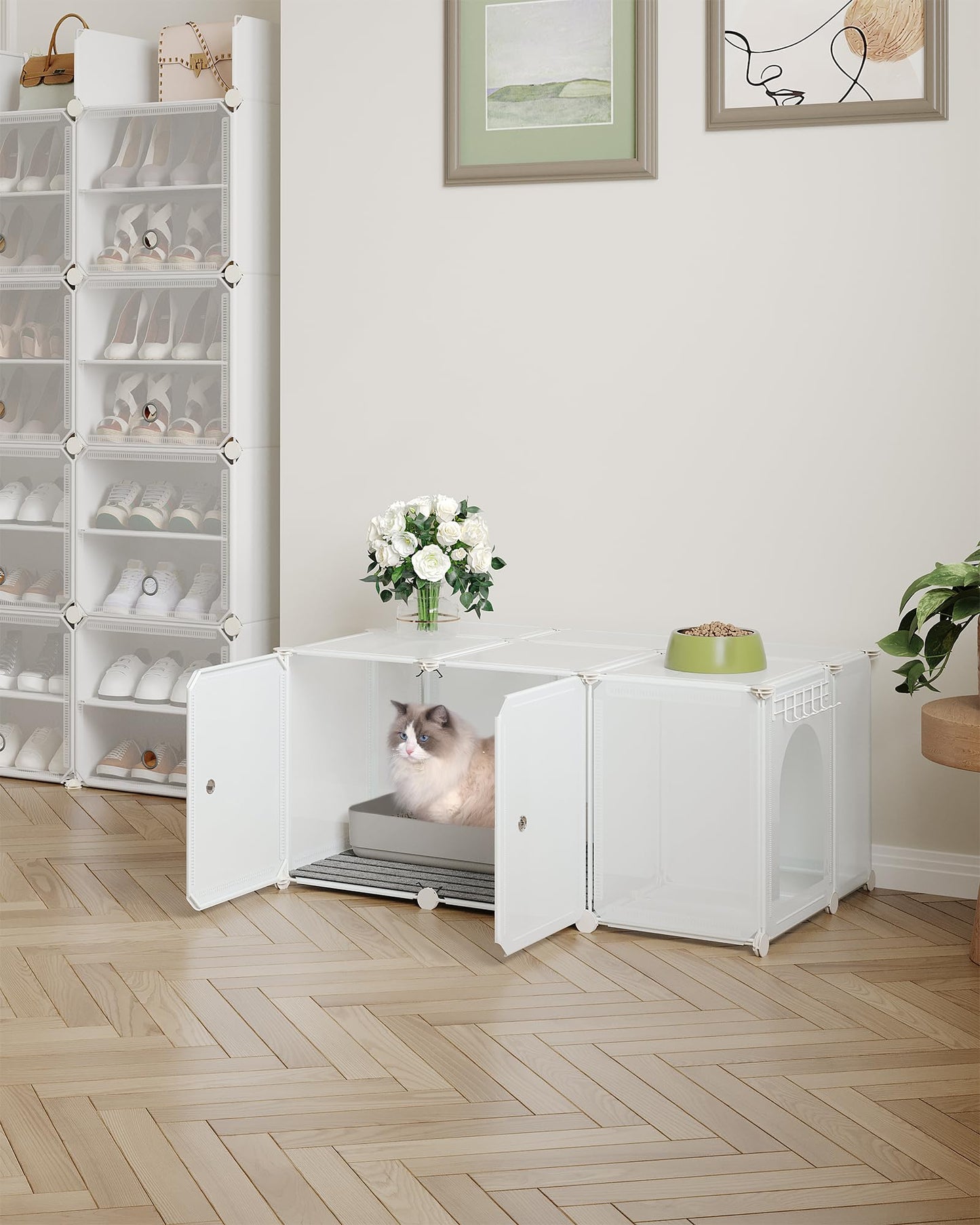 Hzuaneri Cat Litter Box Enclosure, Small Pet Enclosure, Hidden Cat Litter Box Furniture with Carpet, Easy to Clean, 35.4 x 18.5 x 15.7 inches, Bedroom, Living Room, Balcony, White CB83499WT