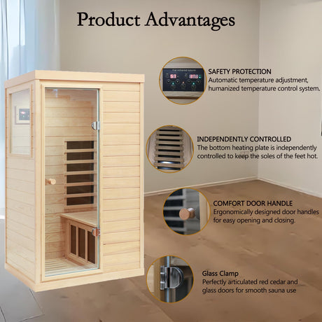 LTCCDSS Infrared Sauna, 1 Person Far Infrared Sauna for Home, with 1050W Indoor Sauna, Low EMF Heaters, 2 Bluetooth Speakers, 1 LED Reading Lamp Hemlock Wood Sauna Room Left Door LTCCDSS