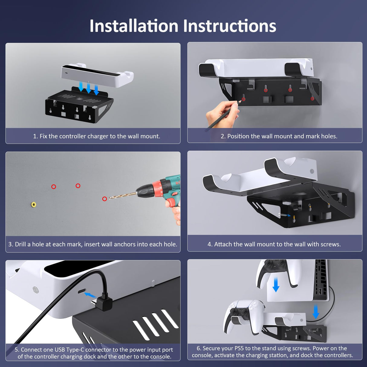 NexiGo PS5 (All Versions) Wall Mount Kit with Charging Station for PS5/PS5 Slim/PS5 Pro Consoles, Regular and DualSense_Edge Controllers, Stable Metal Wall Hanging Stand with LED Indicator NexiGo