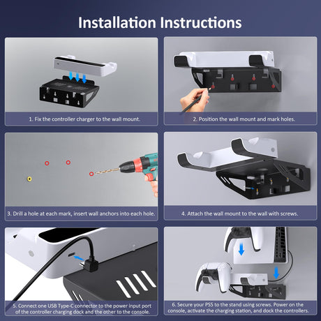 NexiGo PS5 (All Versions) Wall Mount Kit with Charging Station for PS5/PS5 Slim/PS5 Pro Consoles, Regular and DualSense_Edge Controllers, Stable Metal Wall Hanging Stand with LED Indicator NexiGo