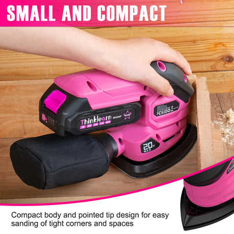 Cordless Detail Sander - 20V Electric Hand Sander with 22Pcs Sandpapers, 12000 RPM Mouse Sander with Dust Bag, Compact Palm Sander Tool for Tight Spaces Woodworking, 2.0Ah Battery and Charger Included ThinkLearn